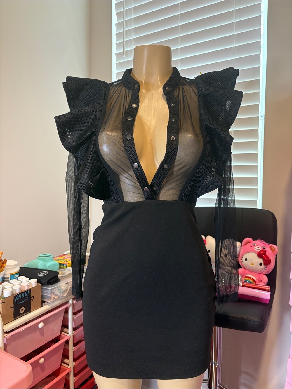 Fashion Nova Black Mesh Ruffle Sleeve Deep V Bodycon Mini Dress